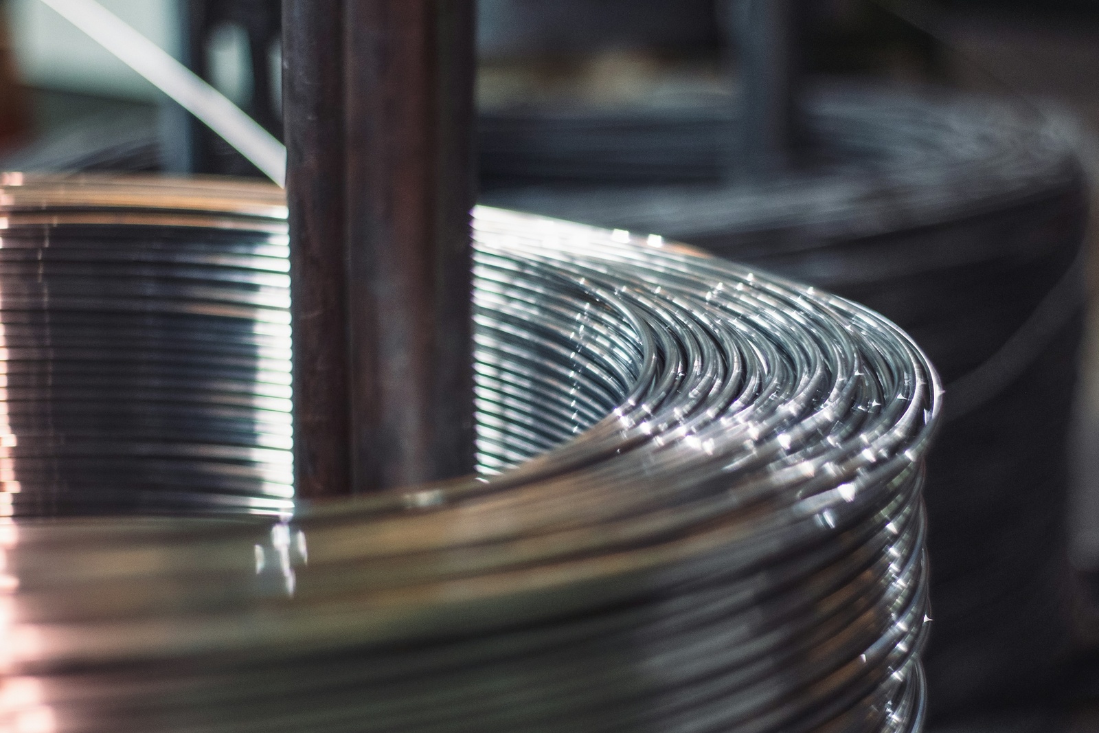 Close-up of coiled steel wire for industrial processing
