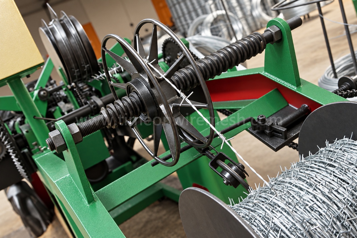 Barbed wire forming equipment during production