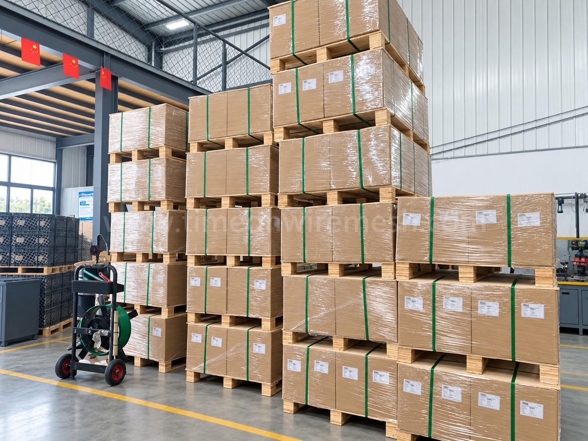 Palletized cartons prepared for shipment in the warehouse
