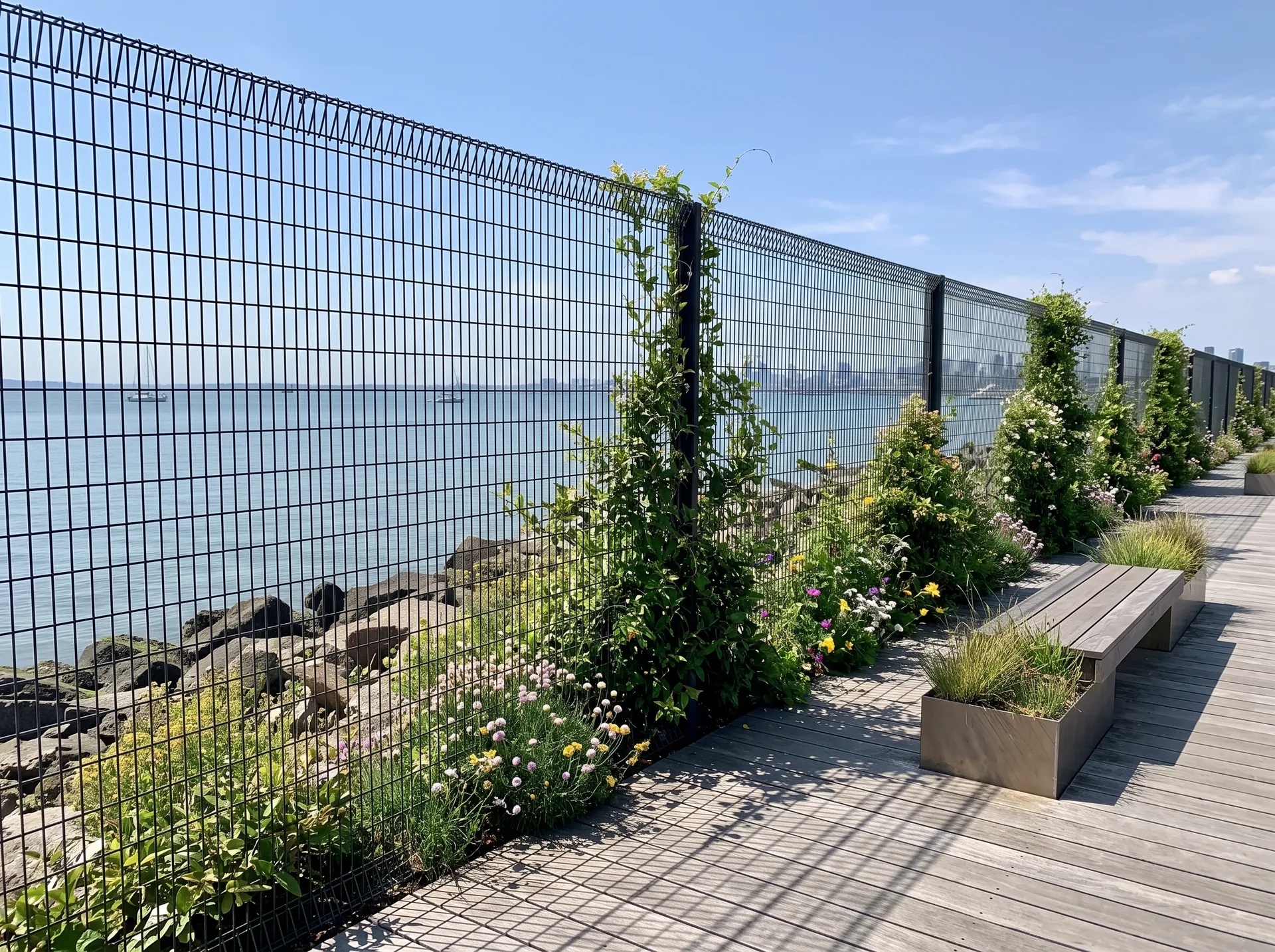Roll-Top welded mesh fencing installed along a waterfront perimeter